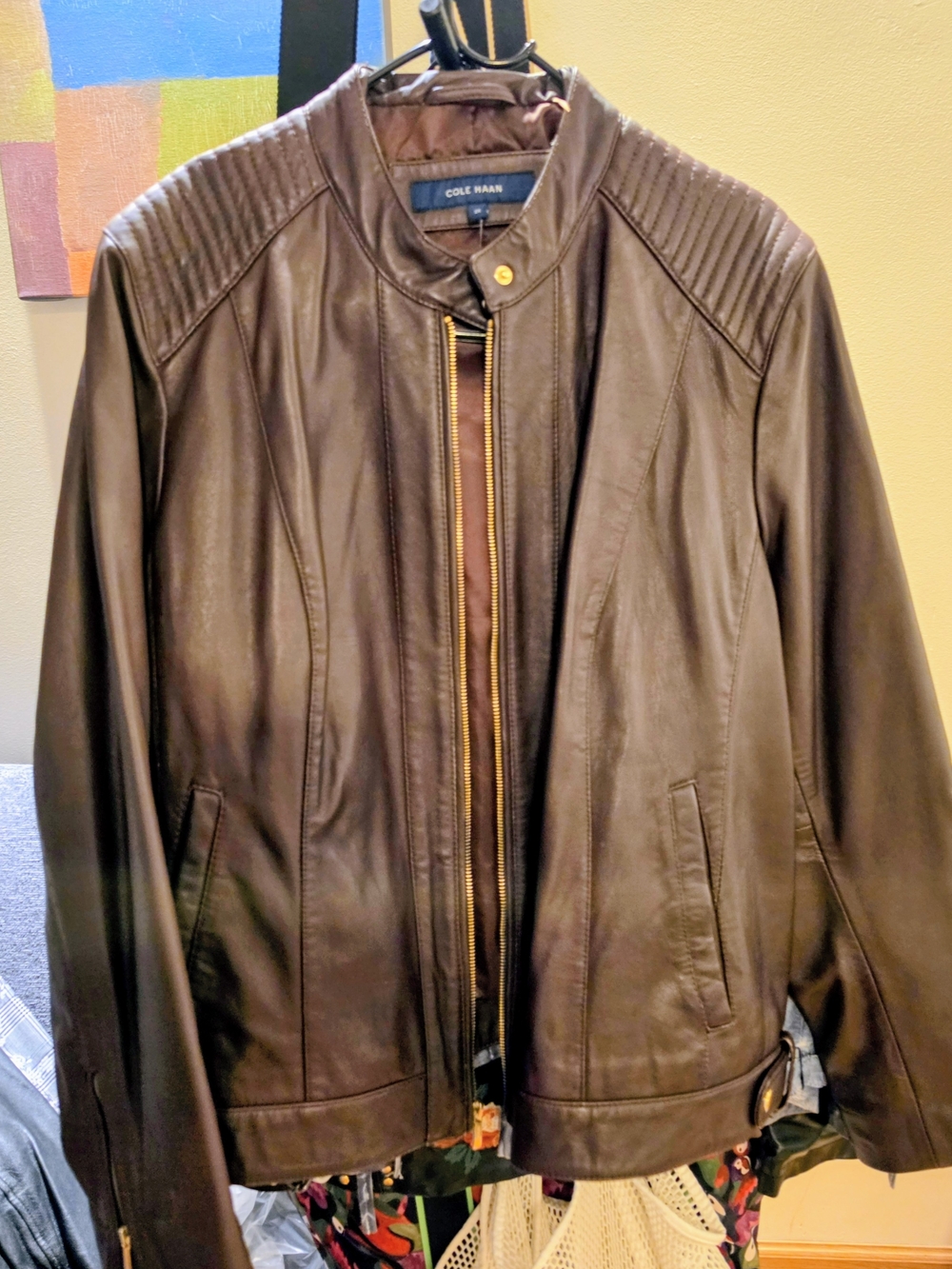 Cole Haan Dark Brown Lamb Leather Bomber Jacket